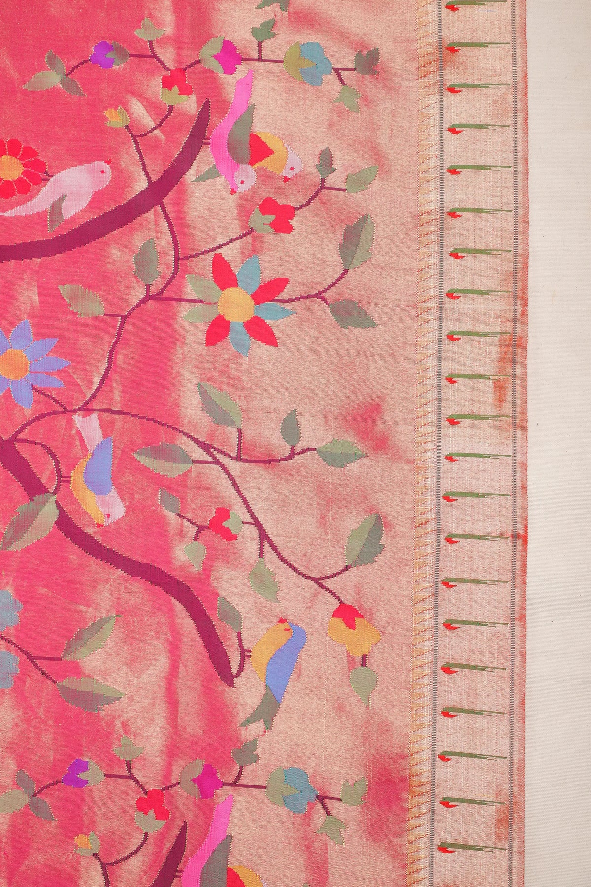Peach Pure Silk Handloom Tissue Paithani with All Over Design & Forest Pattern