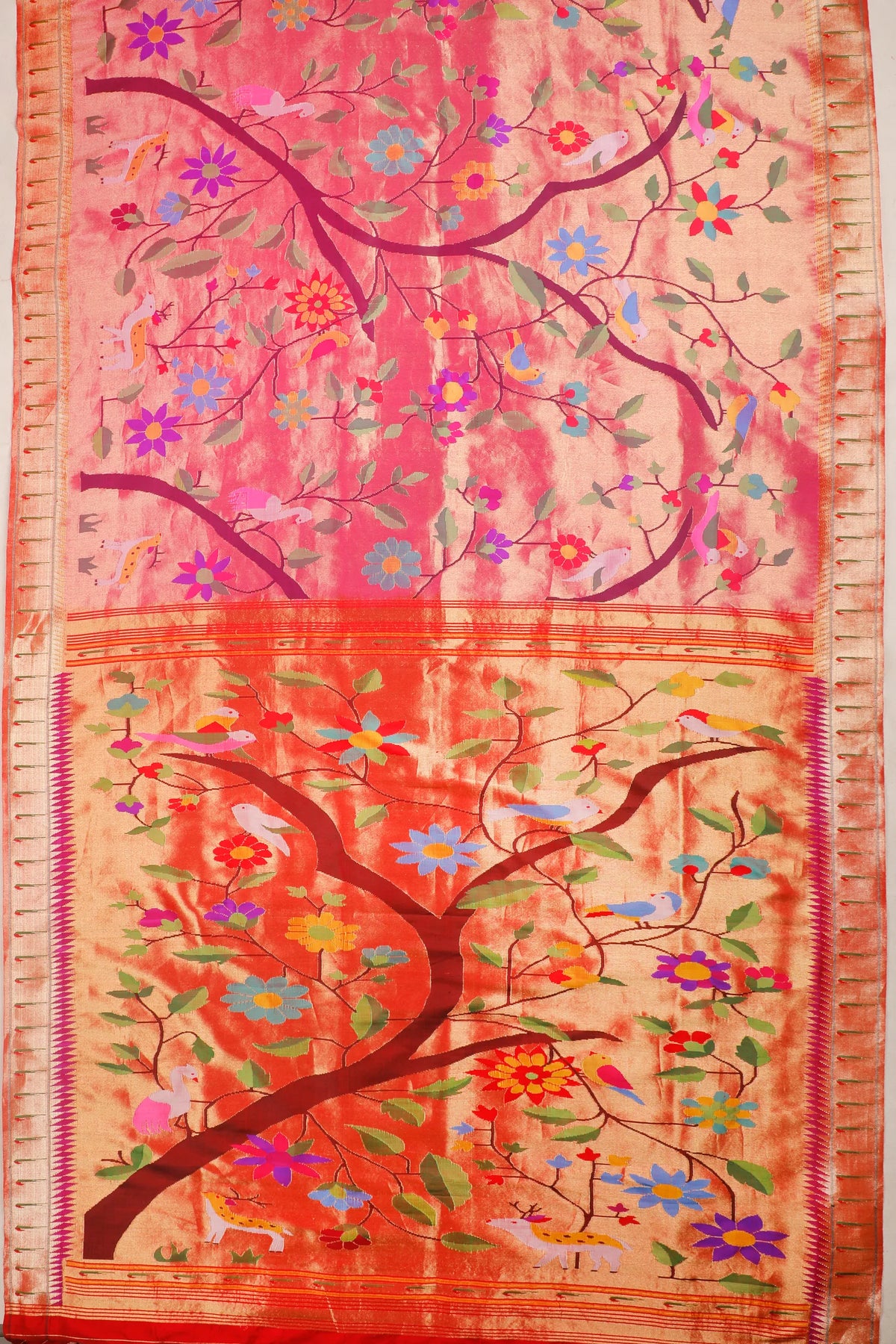Peach Pure Silk Handloom Tissue Paithani with All Over Design & Forest Pattern