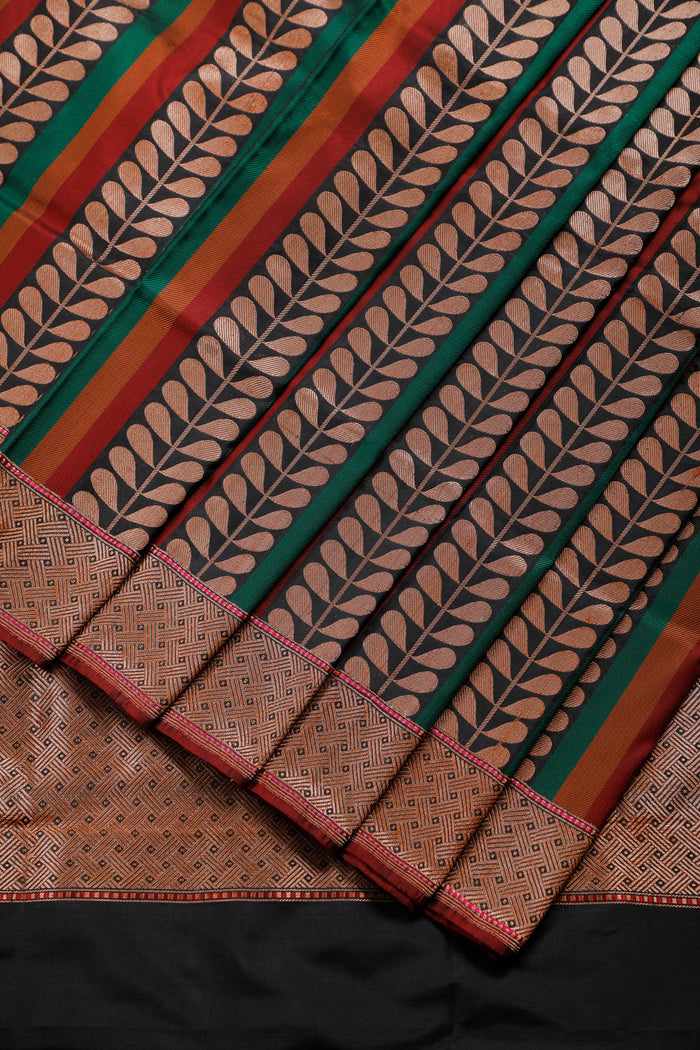 Black Handloom Benarasi Pure Silk Saree in Kadhua Weave with Leaf Motifs