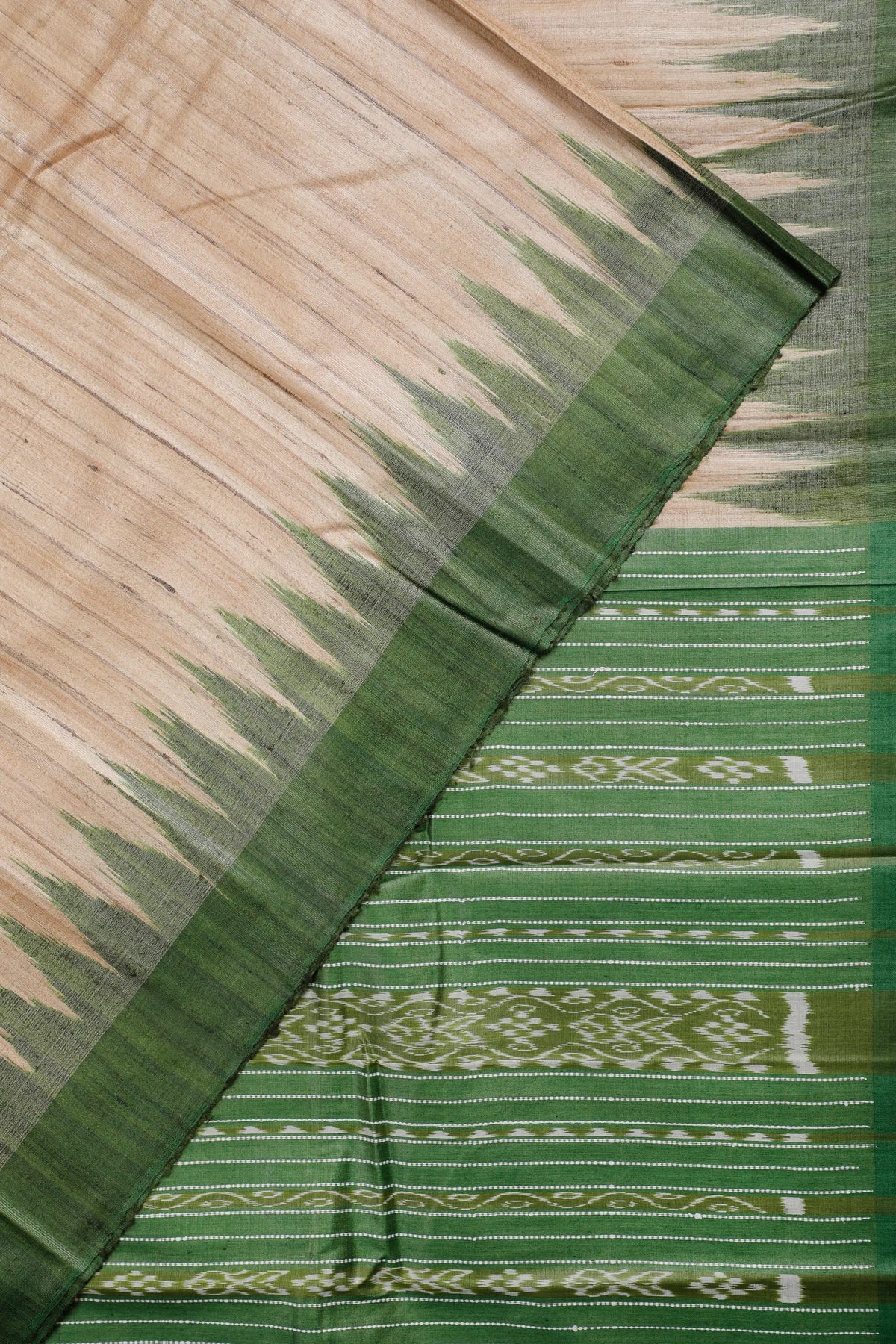 Beige Handloom Tussar Silk Saree with Green Temple Hand Embroidery