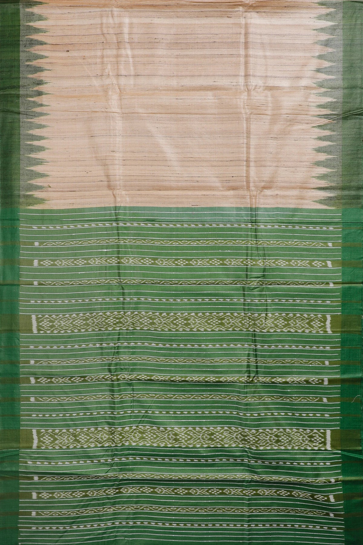 Beige Handloom Tussar Silk Saree with Green Temple Hand Embroidery