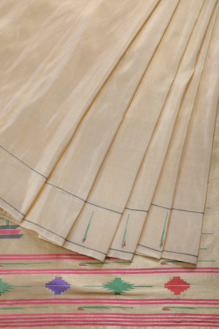 Ivory Pure Silk Handloom Tissue Paithani Saree with Asawali Pallu