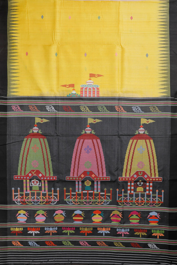 Lemon Yellow Handloom Tussar Silk Saree - Jagannath Temple Special Hand Embroidery - detail 1