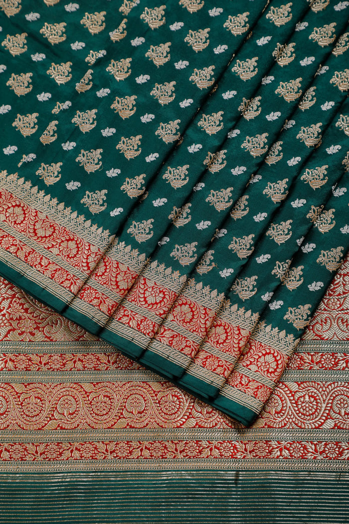 Bottle Green Handloom Real Zari Pure Silk Benarasi Saree
