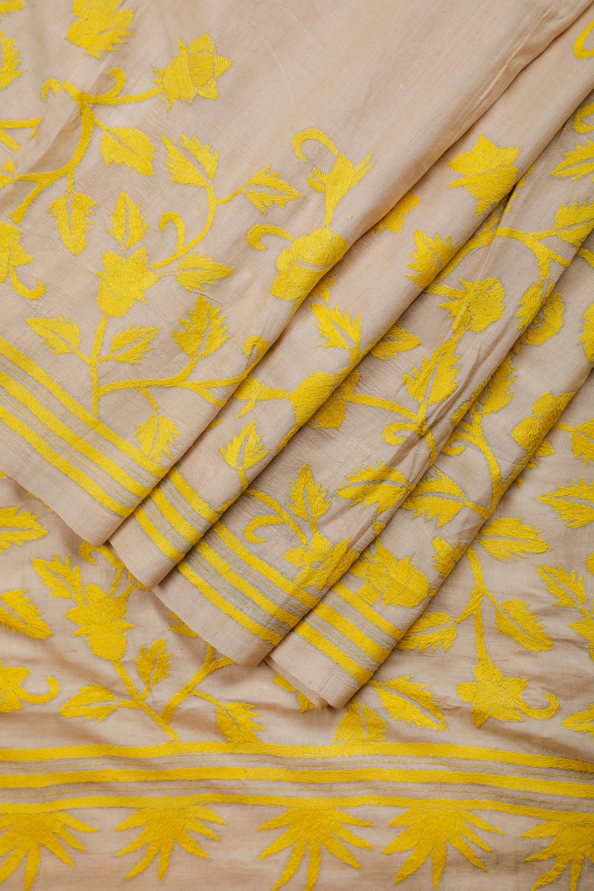 Off-White Handloom Pure Silk Katha Work Saree with Yellow Hand Embroidery