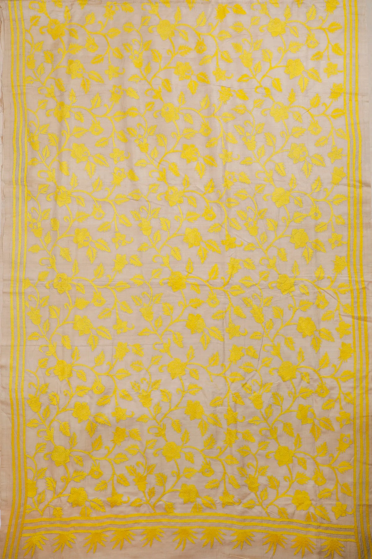 Off-White Handloom Pure Silk Katha Work Saree with Yellow Hand Embroidery