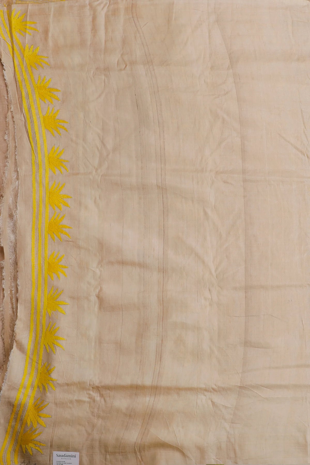 Off-White Handloom Pure Silk Katha Work Saree with Yellow Hand Embroidery