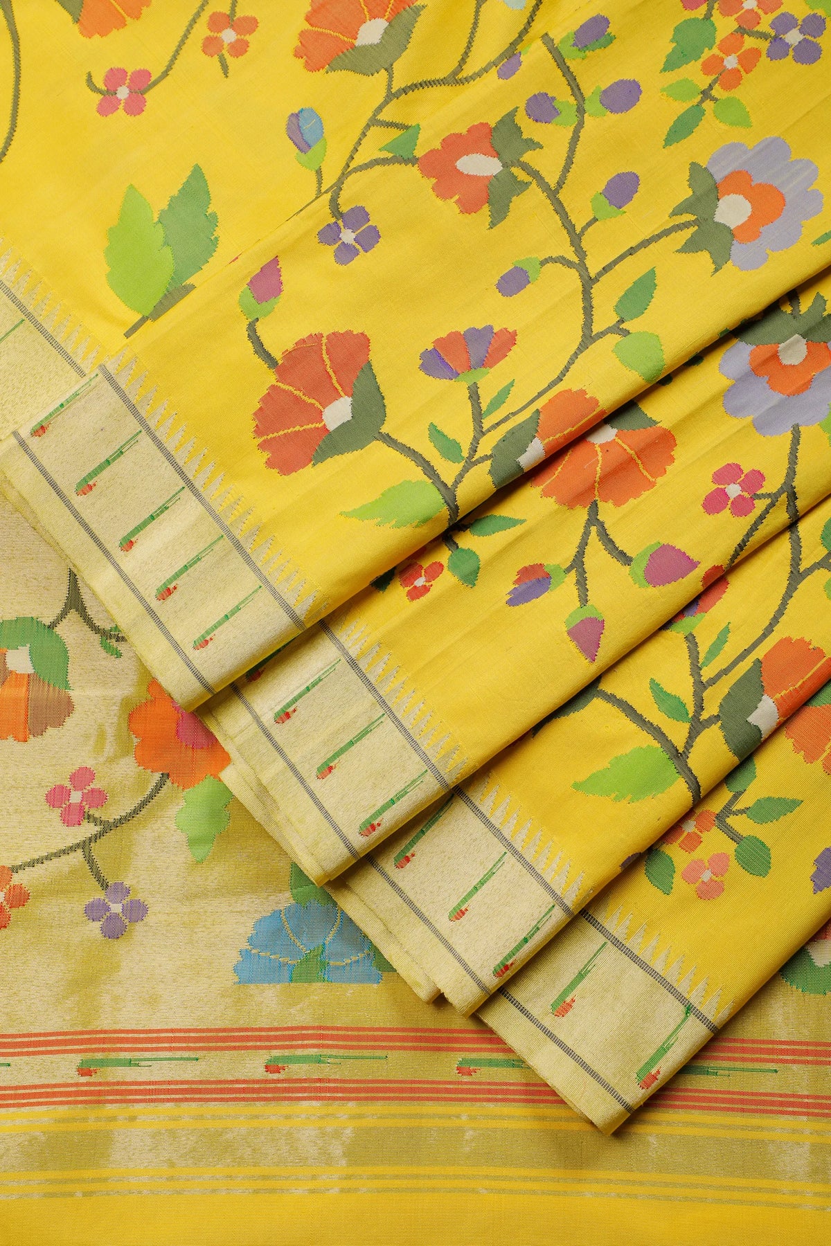 Lemon Yellow Pure Silk by Silk Handloom Paithani Saree with All Over Design