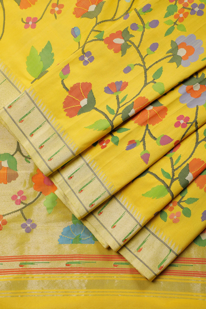 Lemon Yellow Pure Silk by Silk Handloom Paithani Saree with All Over Design