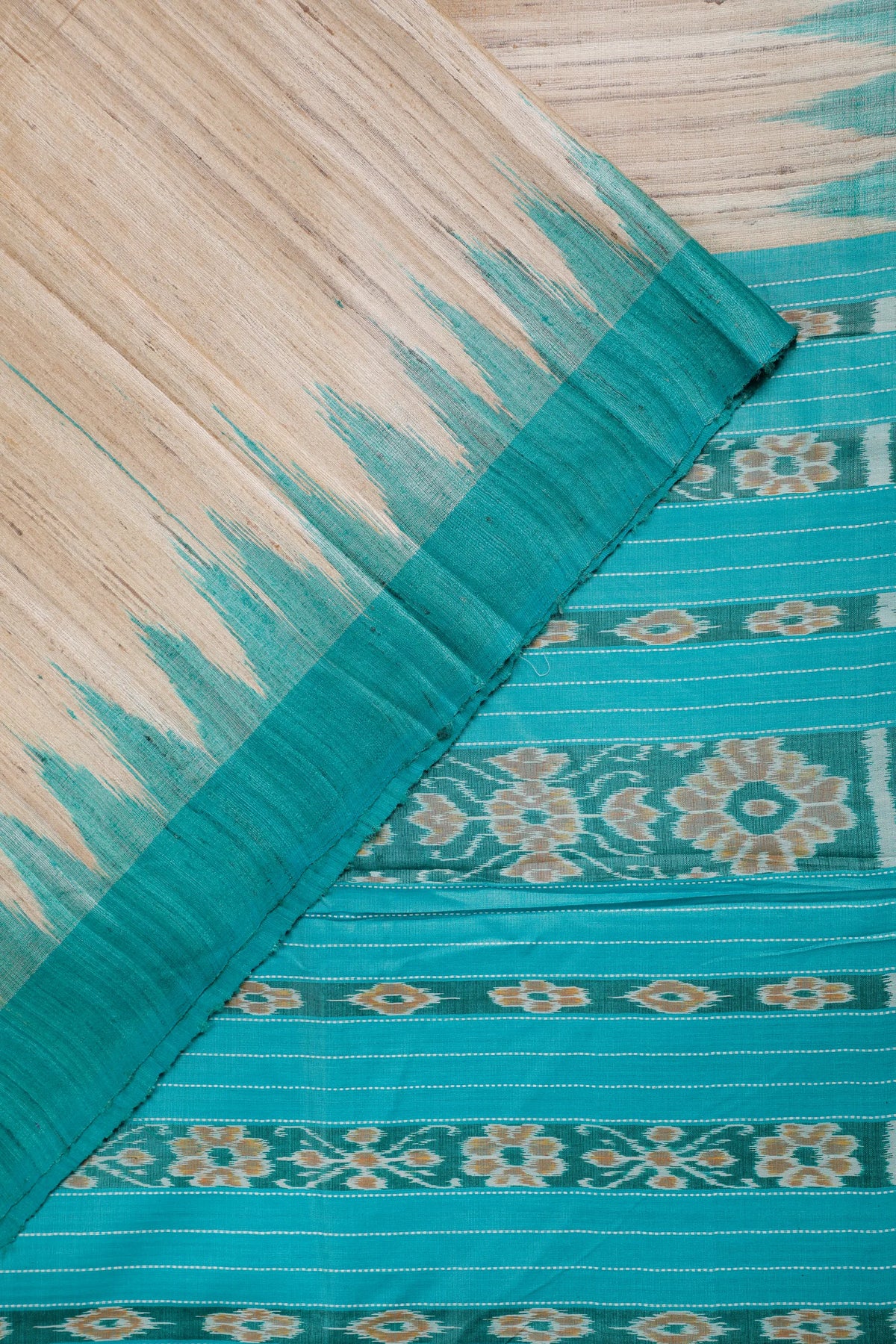 Beige Handloom Tussar Silk Saree with Peacock Blue Temple Border