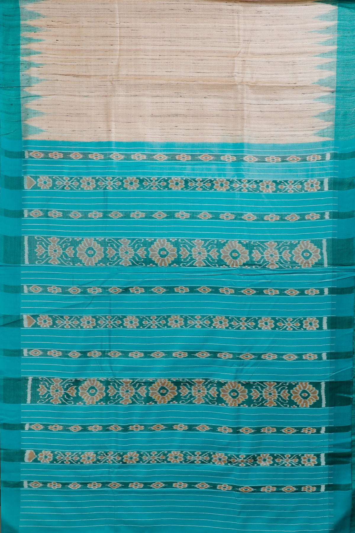 Beige Handloom Tussar Silk Saree with Peacock Blue Temple Border