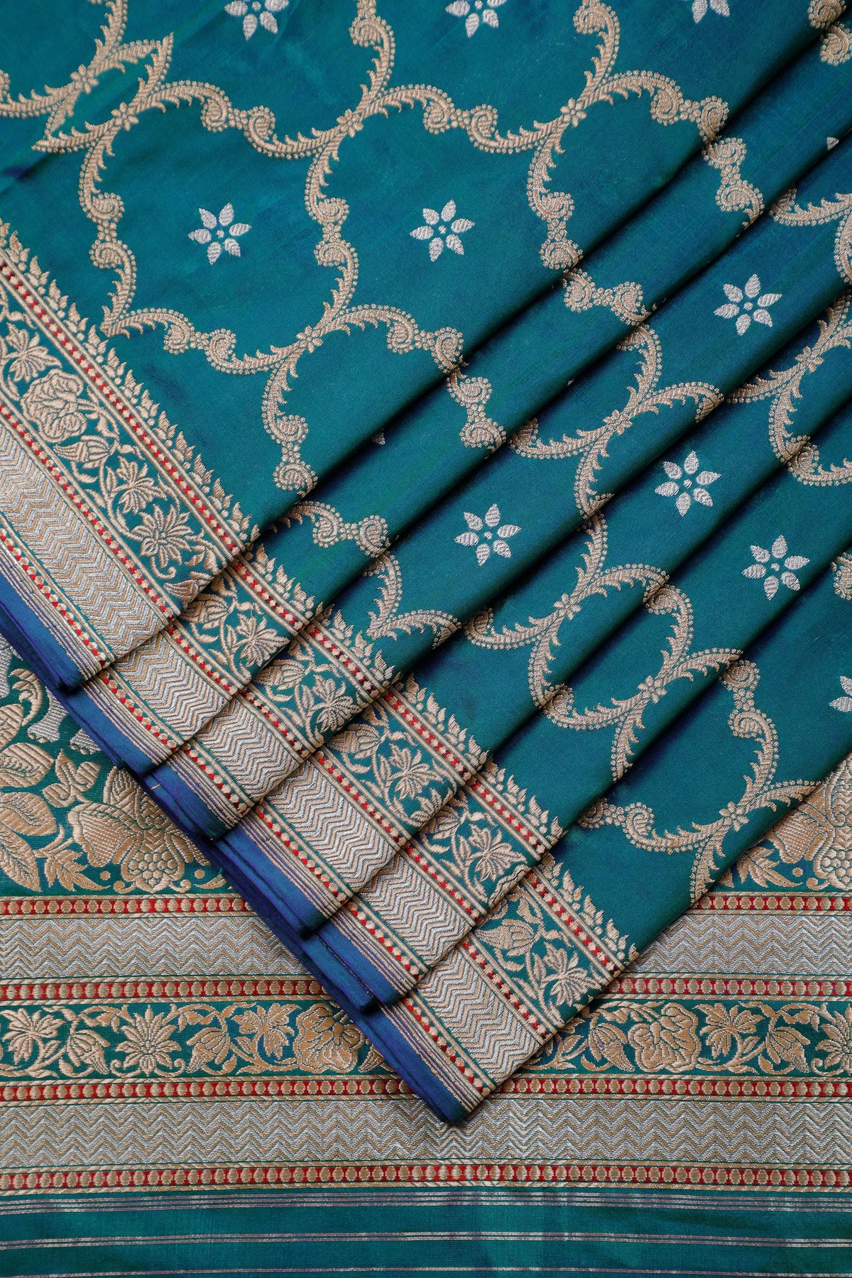 Peacock Blue Real Zari Pure Silk Benarasi Saree - Revival Design
