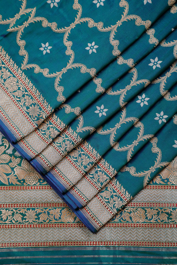Peacock Blue Real Zari Pure Silk Benarasi Saree - Revival Design