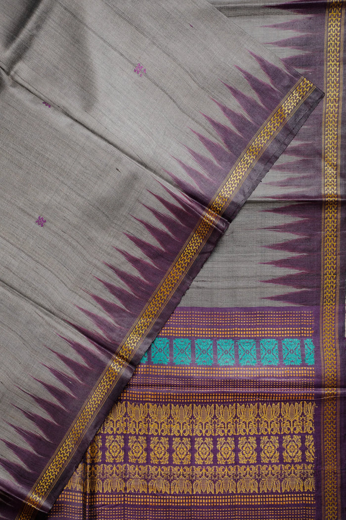 Beige Handloom Tussar Silk Saree with Purple Temple Border - detail 1