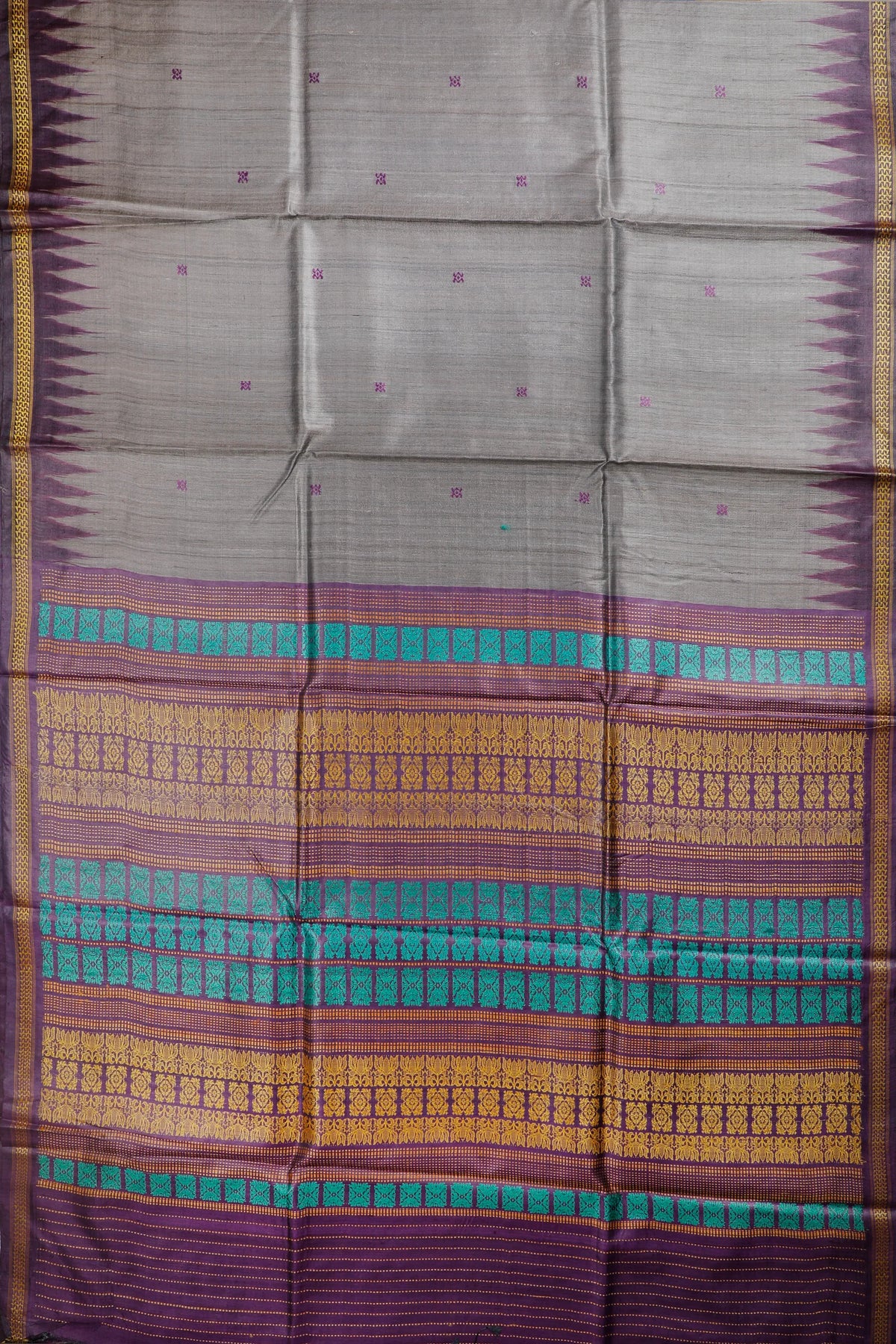 Beige Handloom Tussar Silk Saree with Purple Temple Border