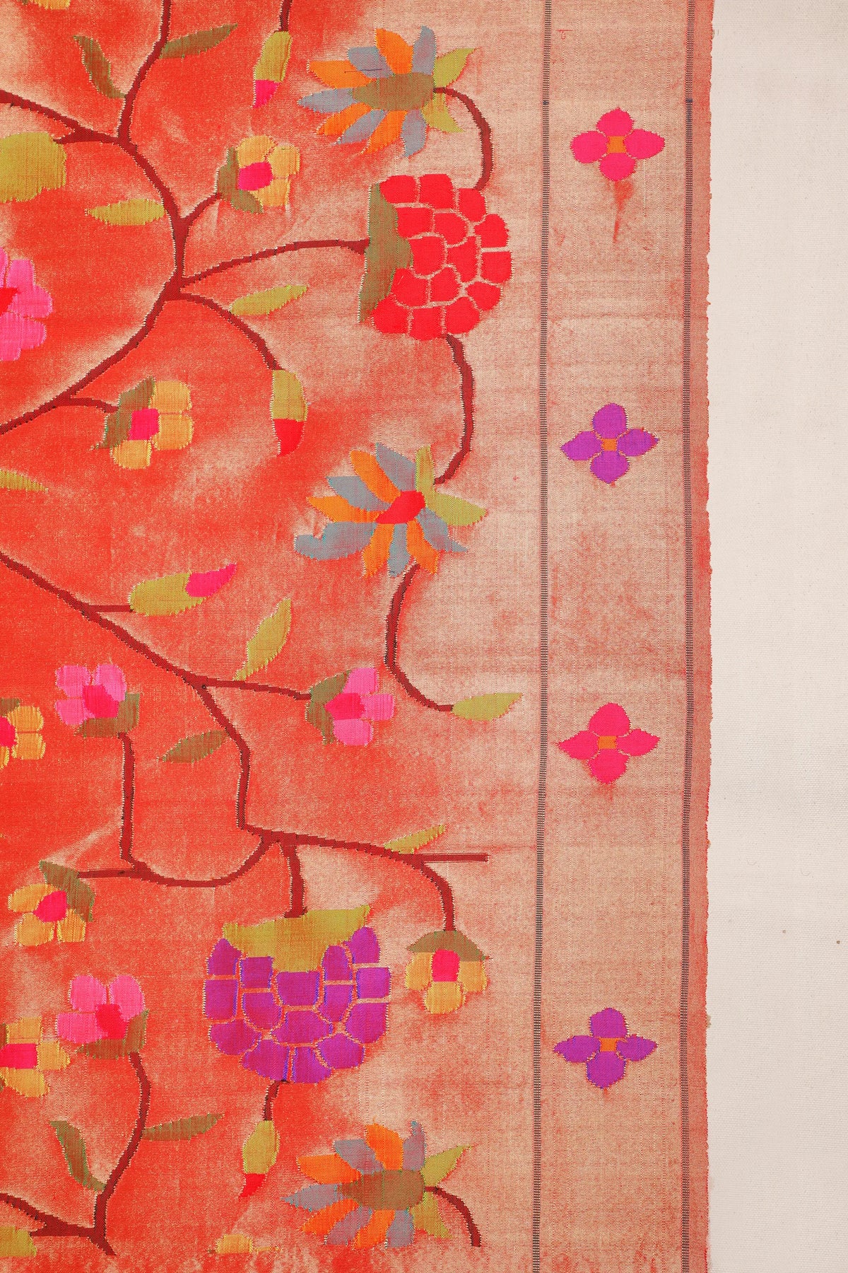 Red Pure Silk Handloom Tissue Paithani with All Over Design and Floral Border