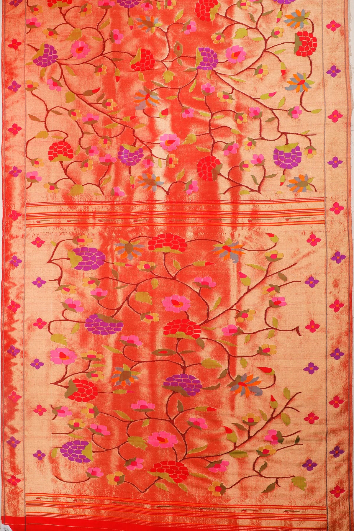Red Pure Silk Handloom Tissue Paithani with All Over Design and Floral Border