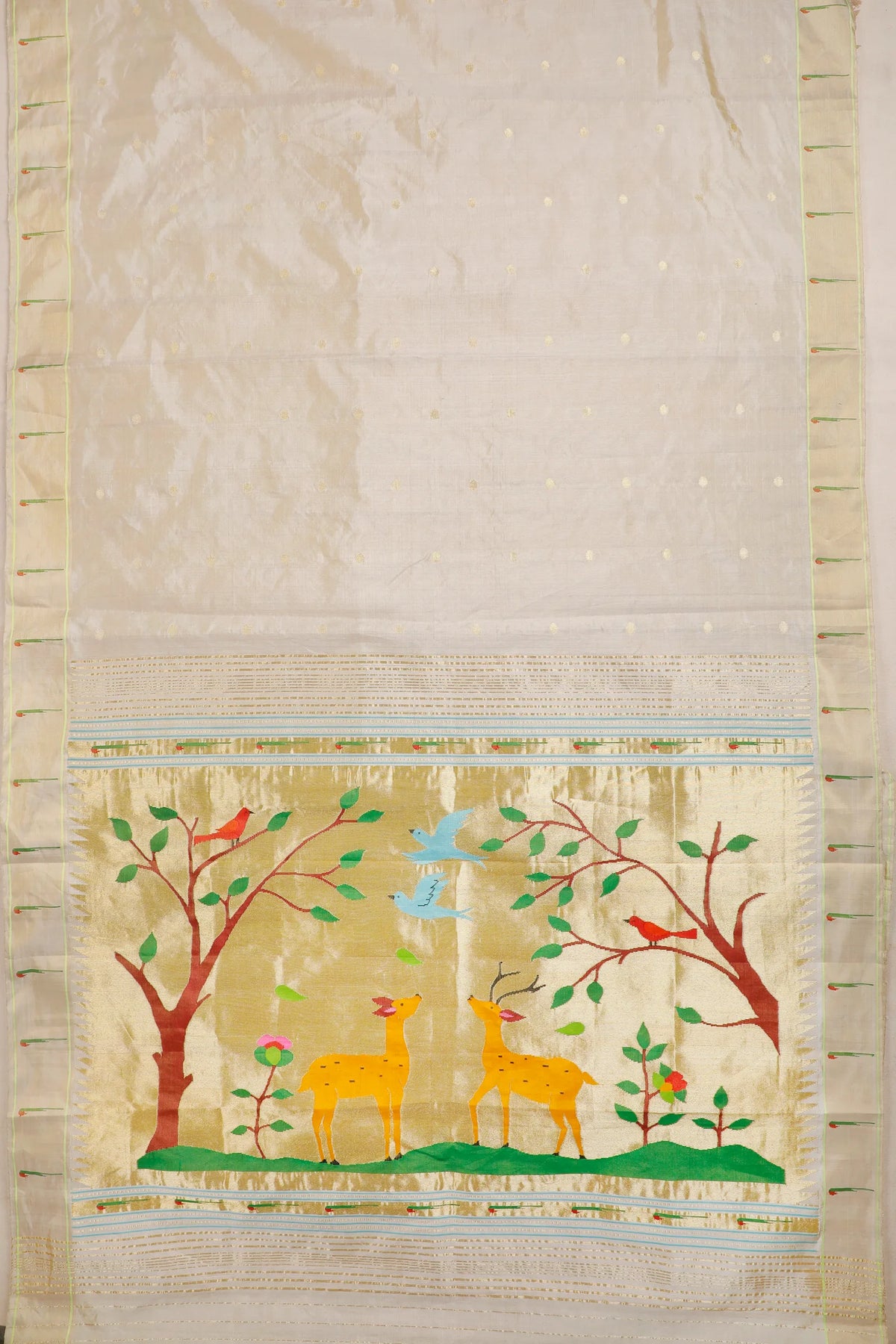 Ivory Pure Silk Handloom Tissue Paithani Saree with Deer Design