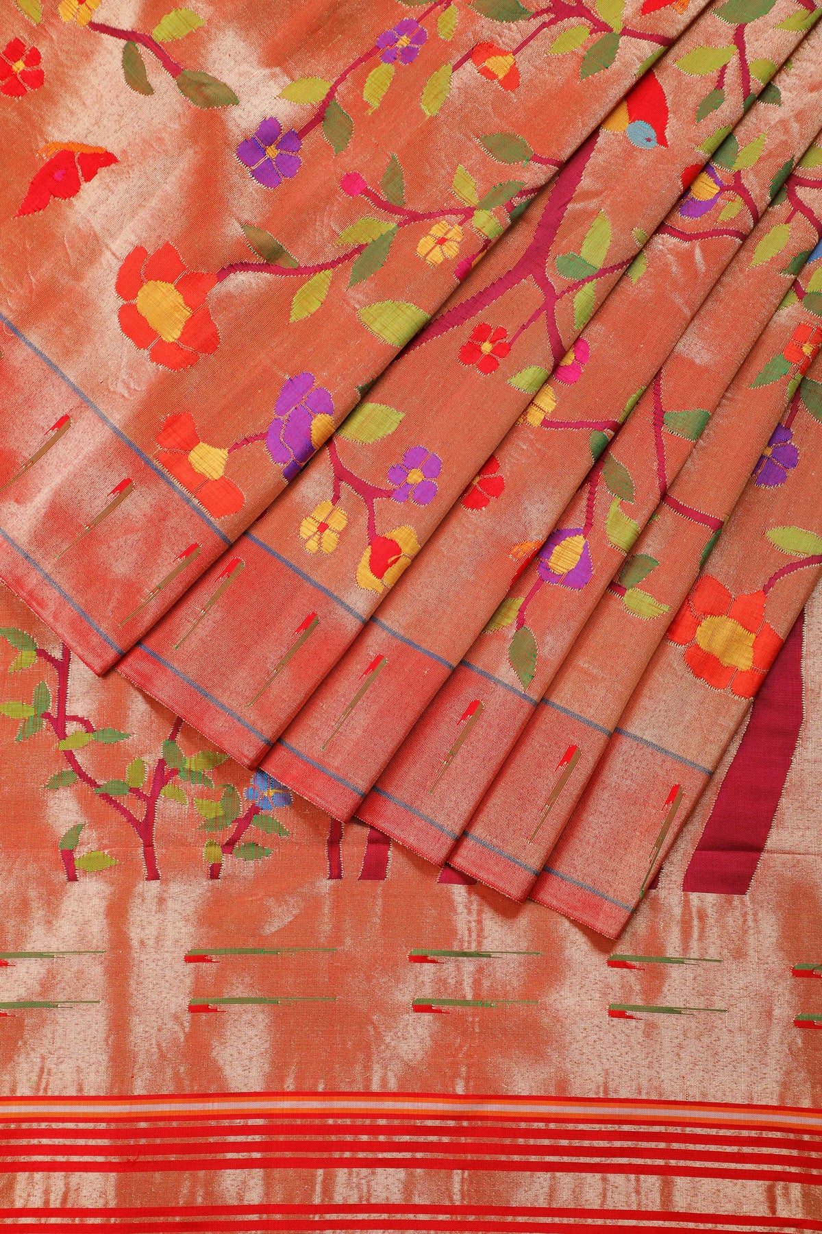 Shiny Red Pure Silk Handloom Tissue Paithani with All Over Design