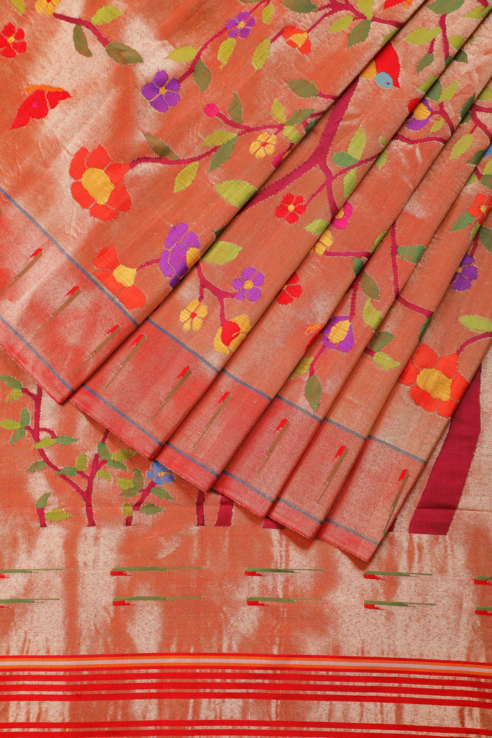 Shiny Red Pure Silk Handloom Tissue Paithani with All Over Design