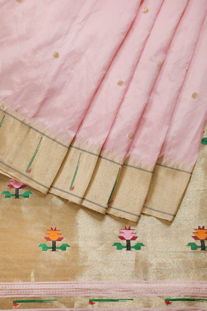 Baby Pink Pure Silk Handloom Paithani Tissue Saree with Asawali Pallu - Revival Design
