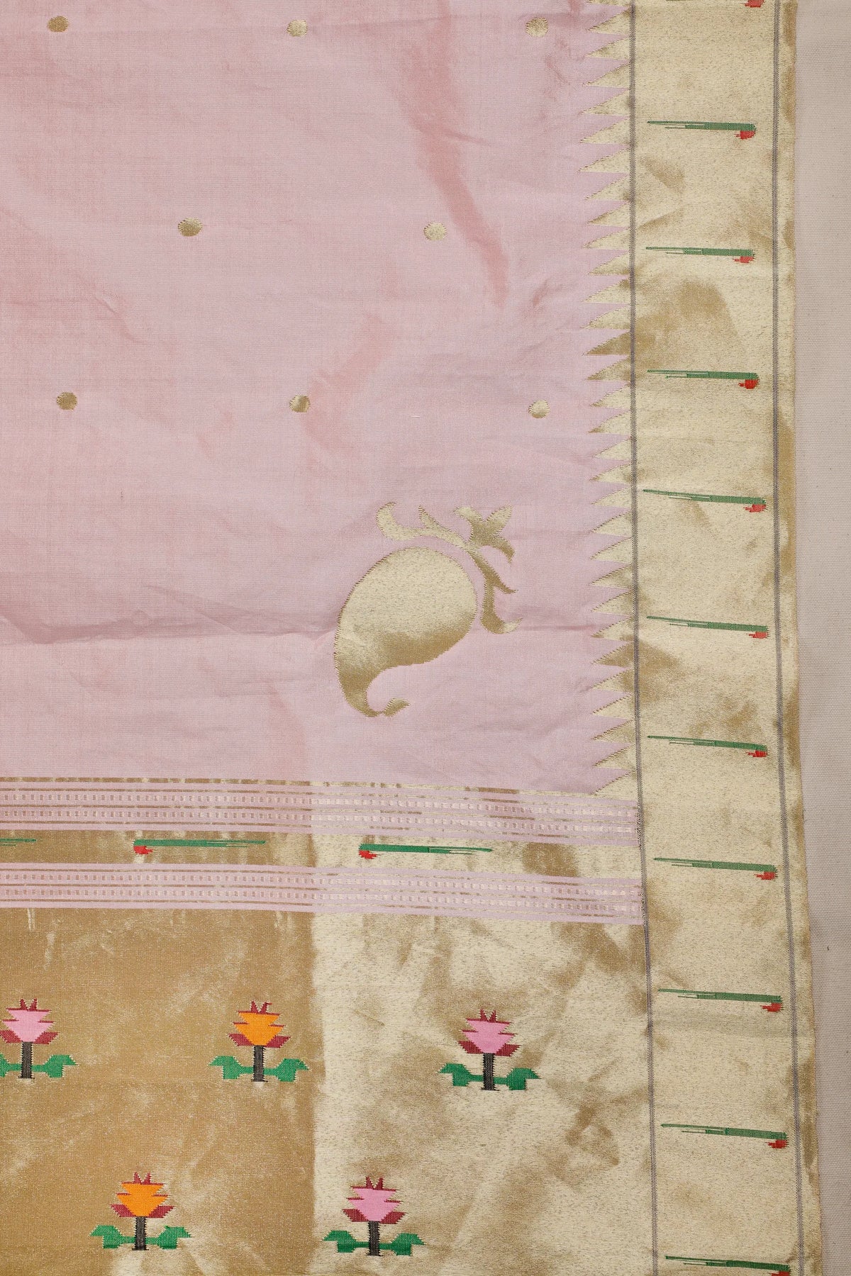 Baby Pink Pure Silk Handloom Paithani Tissue Saree with Asawali Pallu - Revival Design