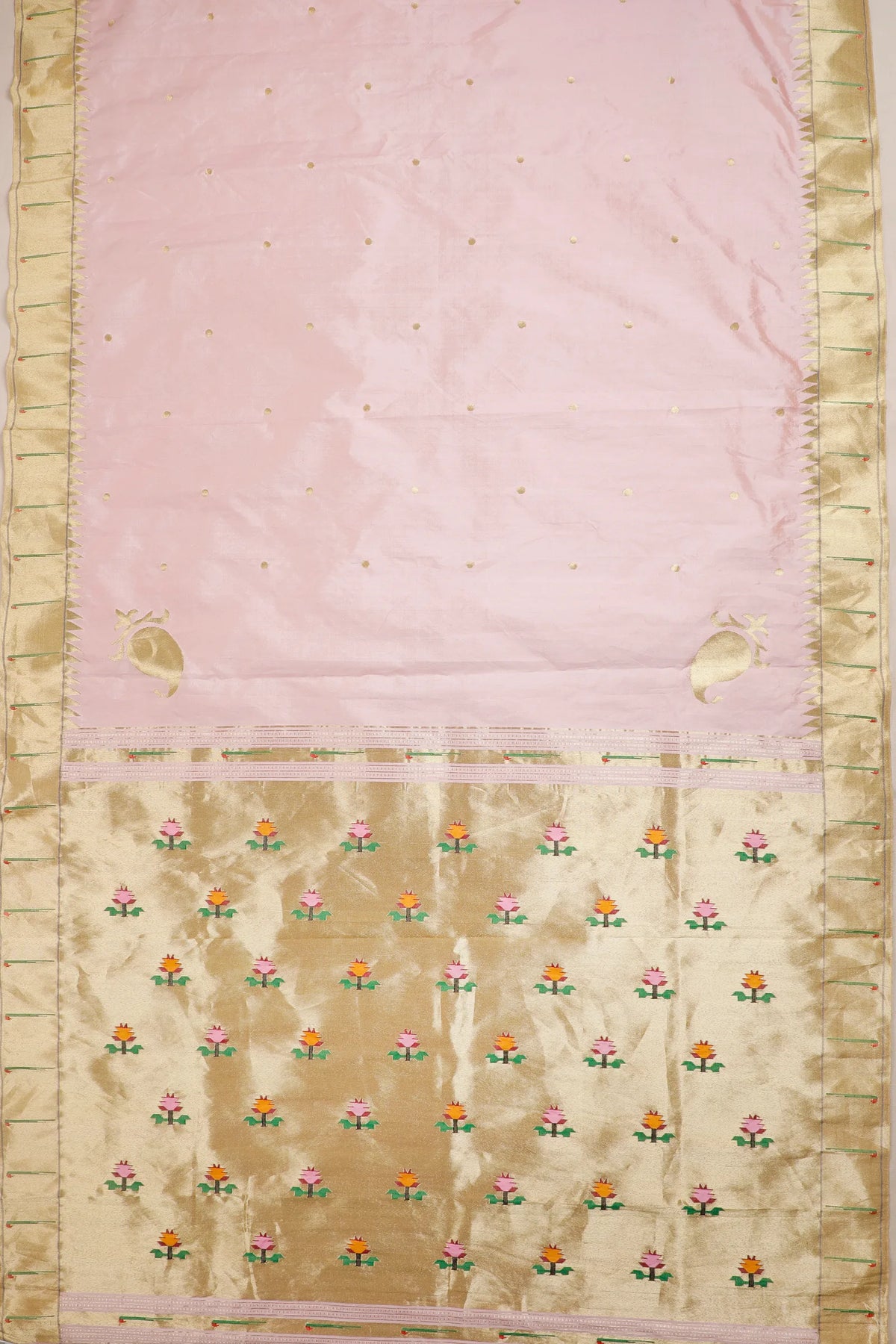 Baby Pink Pure Silk Handloom Paithani Tissue Saree with Asawali Pallu - Revival Design