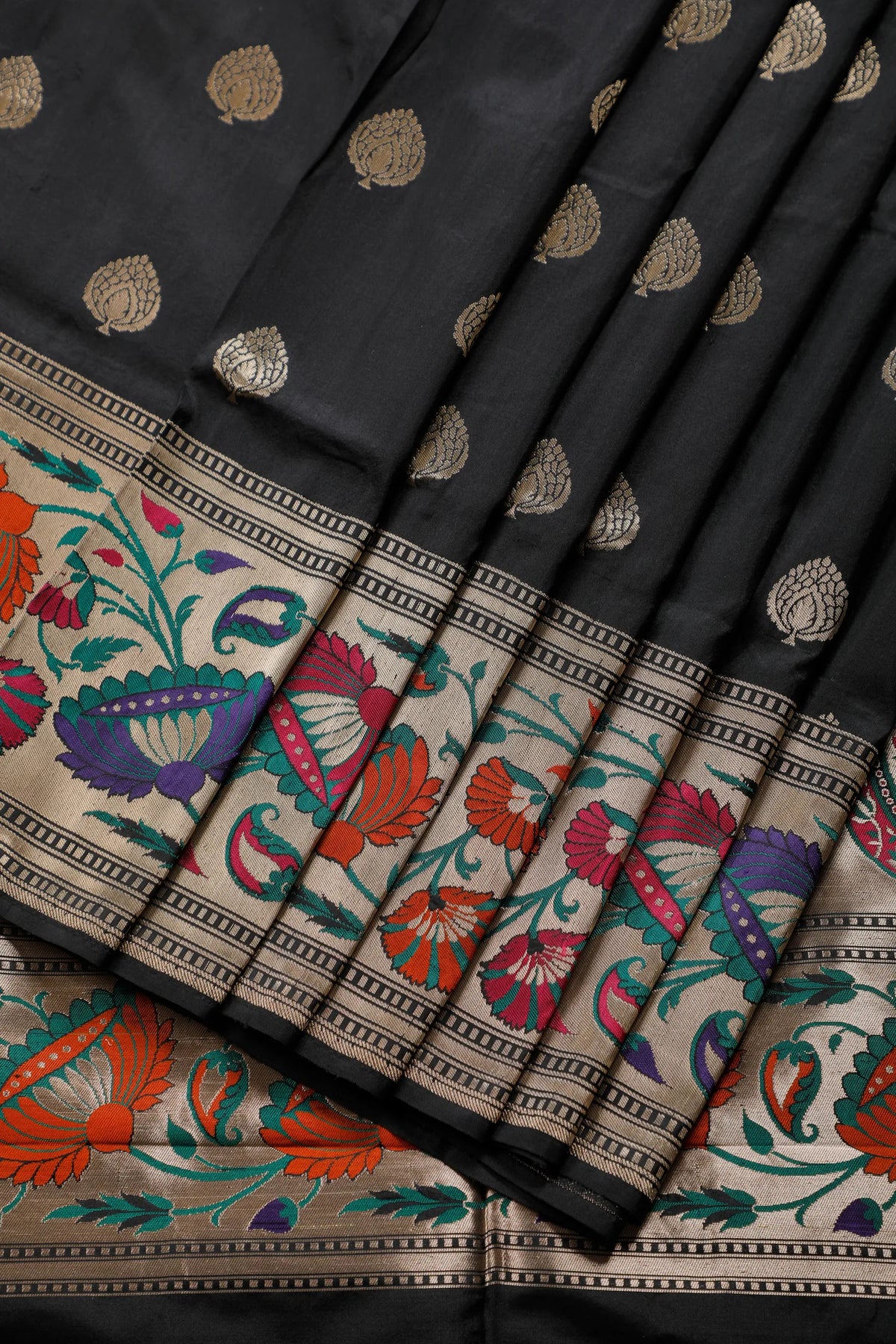 Black Handloom Benarasi Pure Silk Saree with Lotus Meenakari