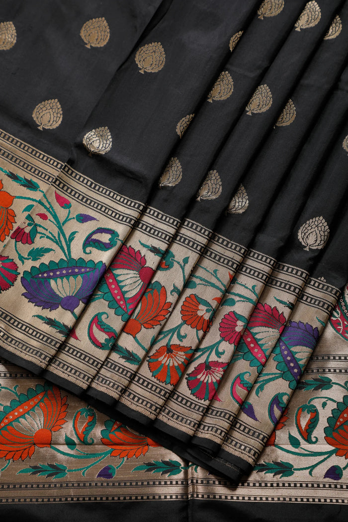 Black Handloom Benarasi Pure Silk Saree with Lotus Meenakari