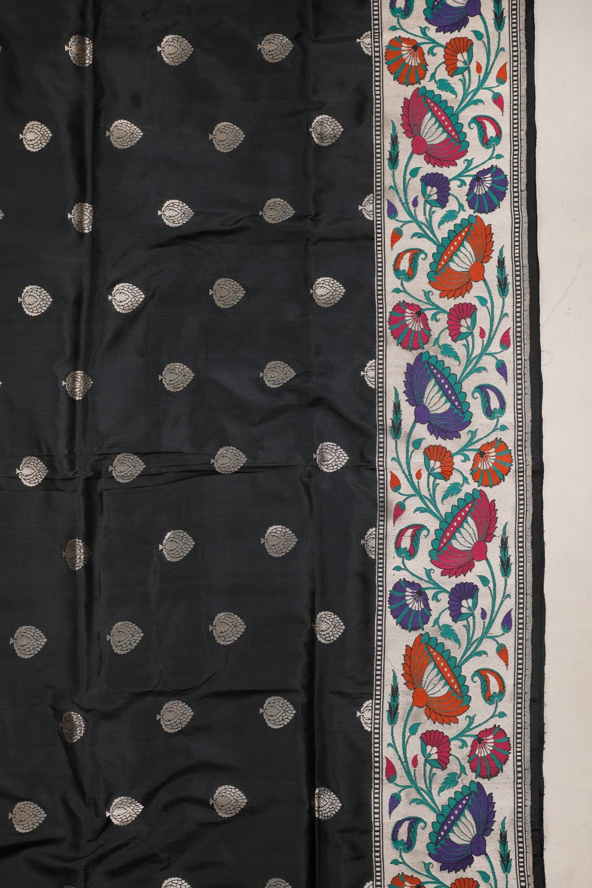 Black Handloom Benarasi Pure Silk Saree with Lotus Meenakari