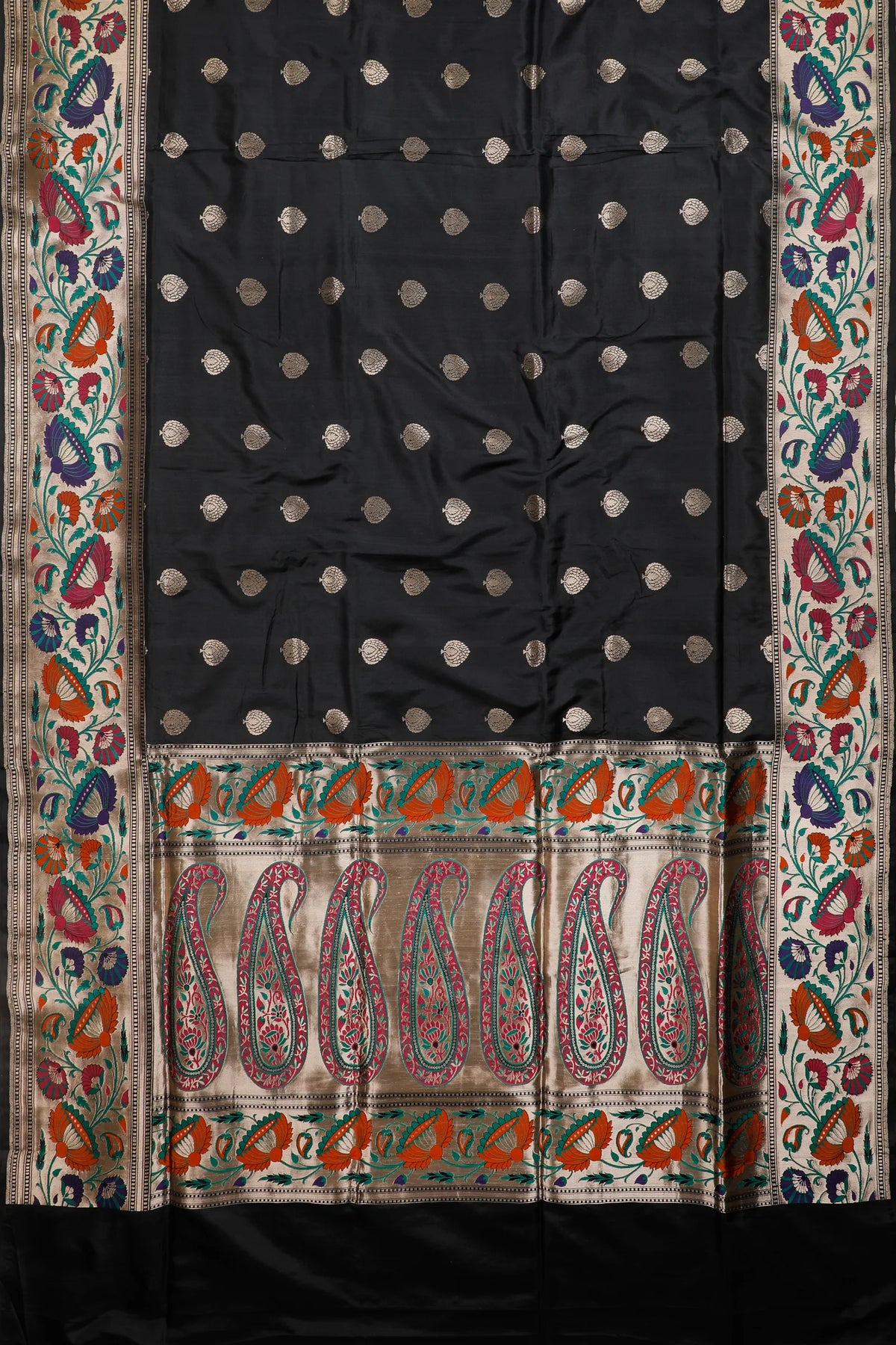 Black Handloom Benarasi Pure Silk Saree with Lotus Meenakari