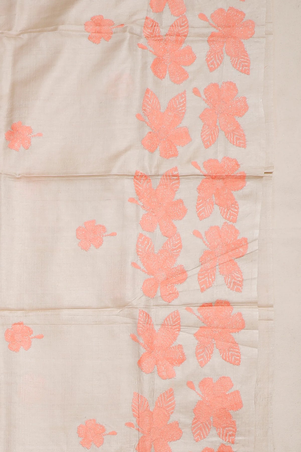 Beige Handloom Pure Silk Katha Work Saree with Red Hand Embroidery