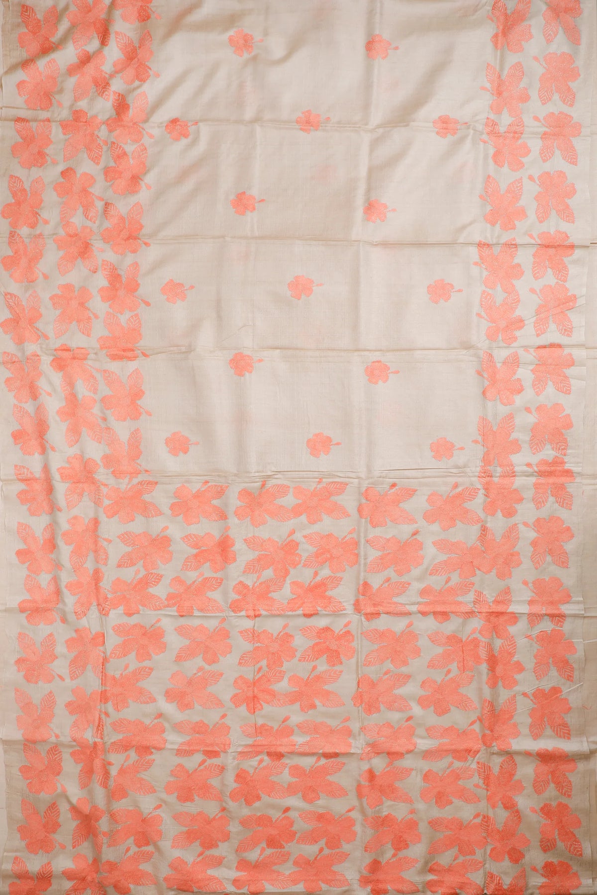 Beige Handloom Pure Silk Katha Work Saree with Red Hand Embroidery