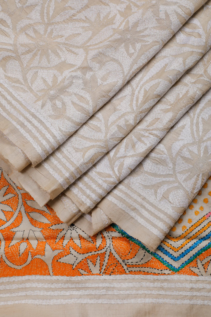 Off-White Handloom Pure Silk Katha Work Saree with Beige Hand Embroidery