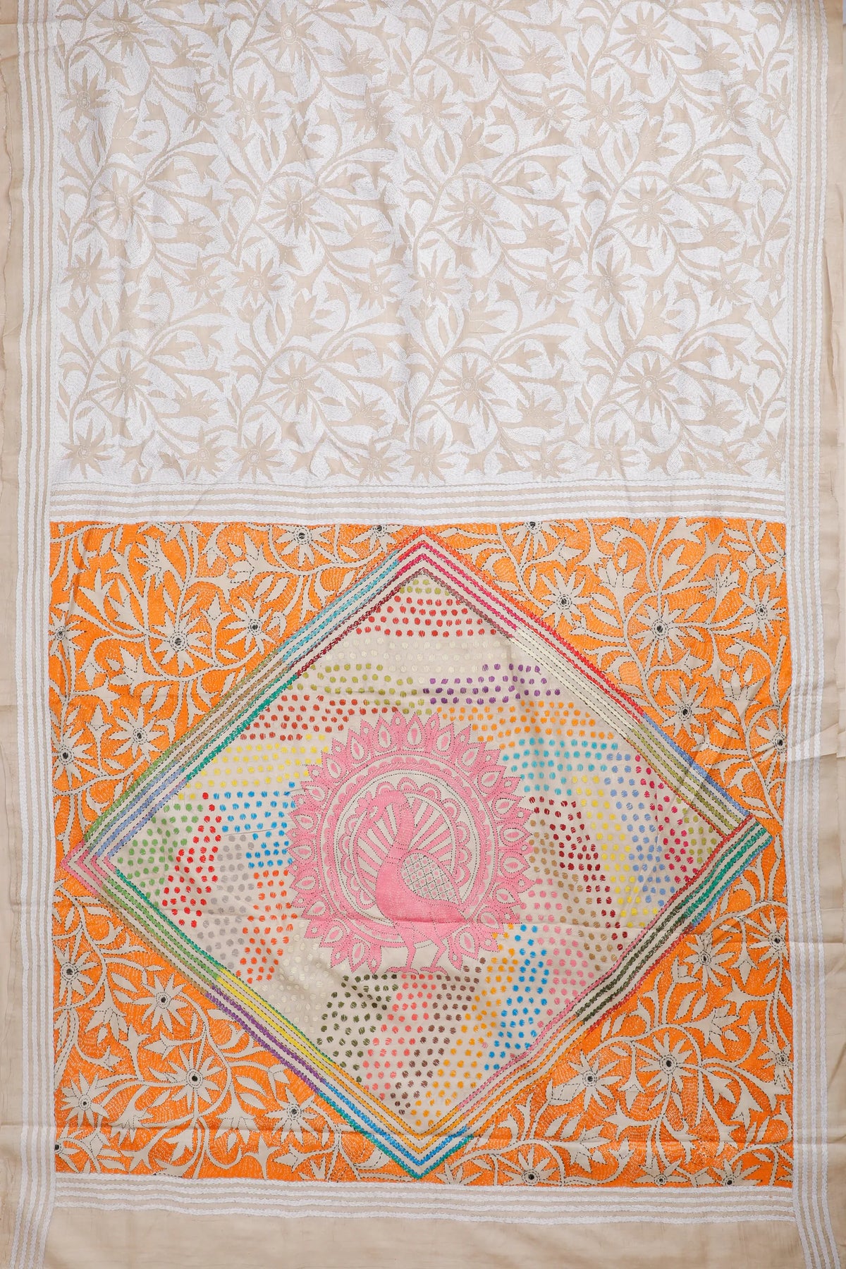 Off-White Handloom Pure Silk Katha Work Saree with Beige Hand Embroidery