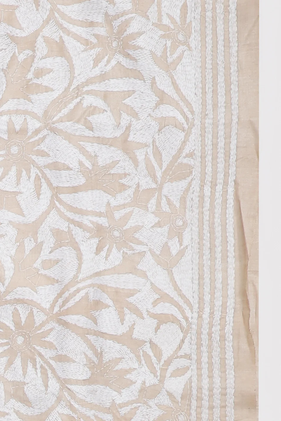 Off-White Handloom Pure Silk Katha Work Saree with Beige Hand Embroidery