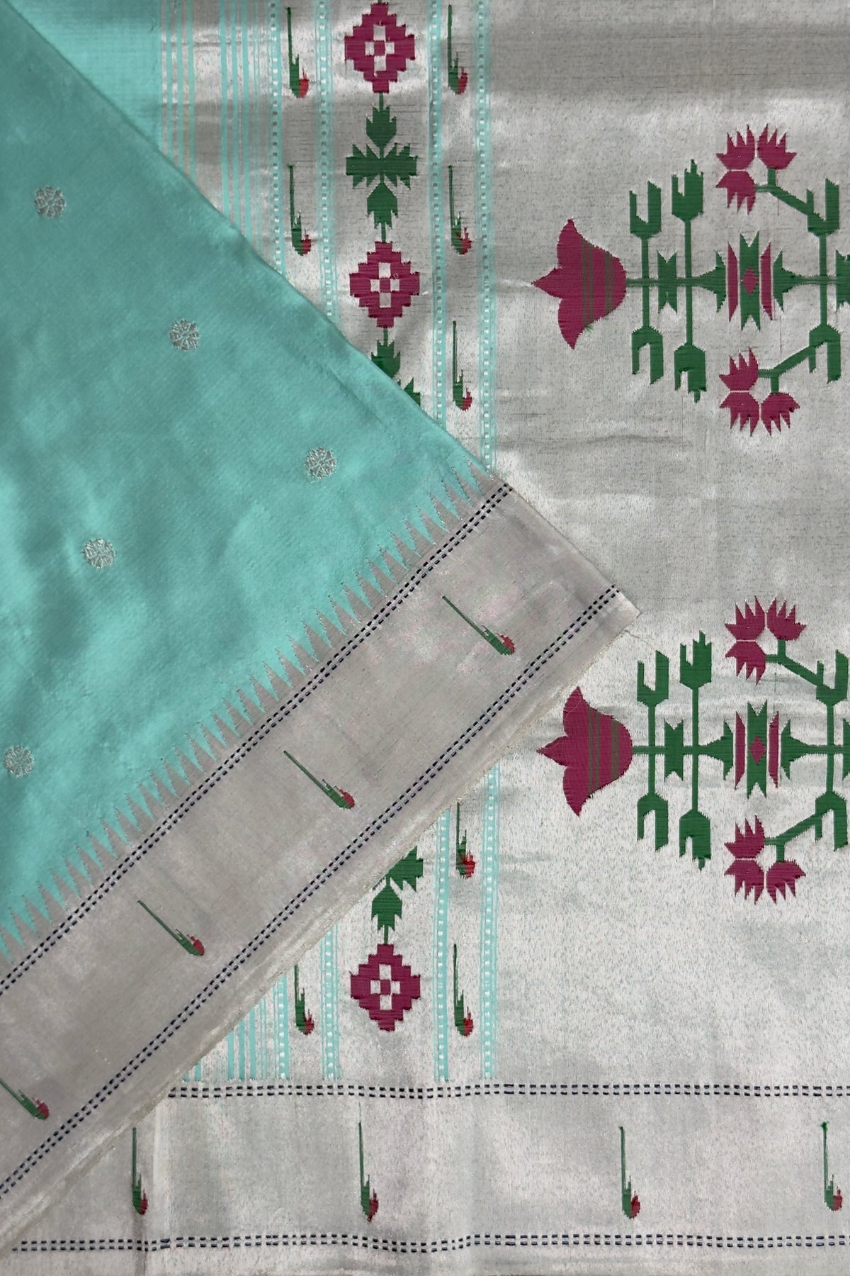 Mint Blue Handloom Paithani Muniya Asawali