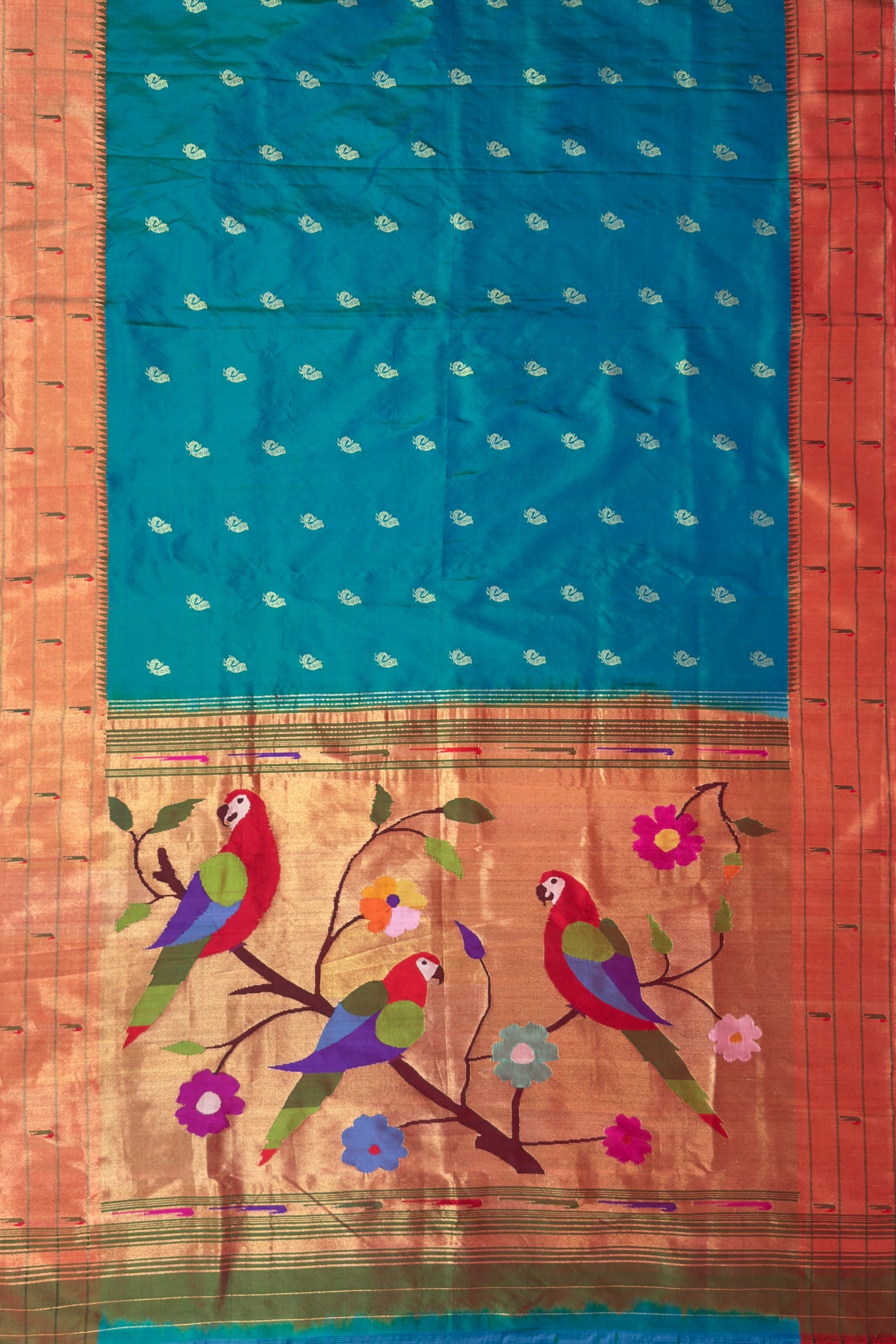 Peacock Blue Handloom Triple Paithani Muniya Paithani