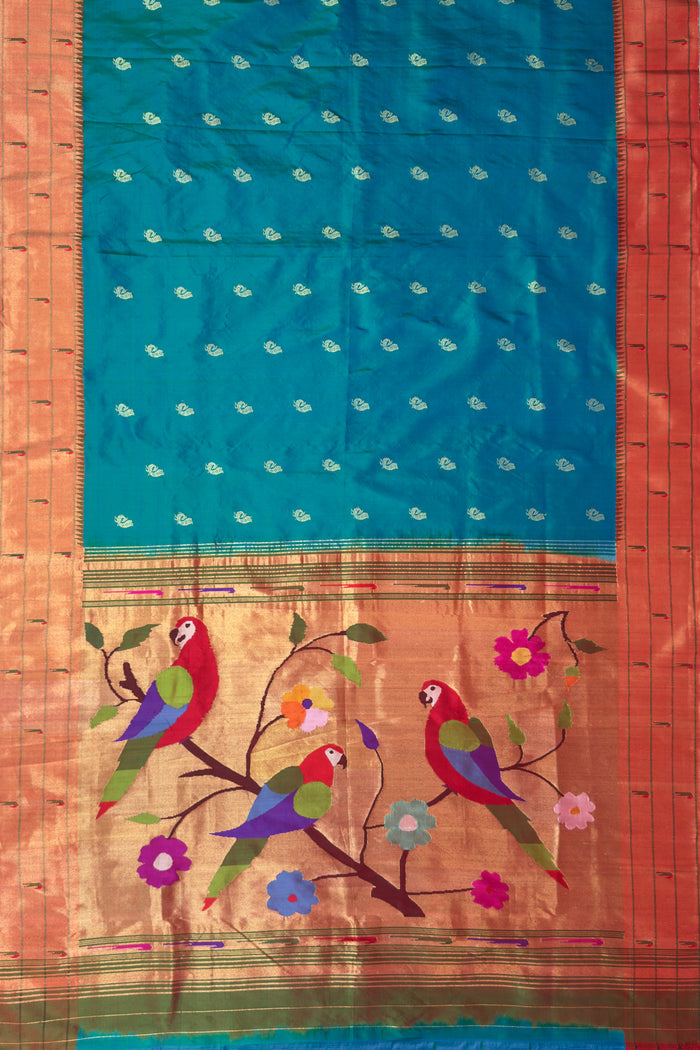 Peacock Blue Handloom Triple Paithani Muniya Paithani