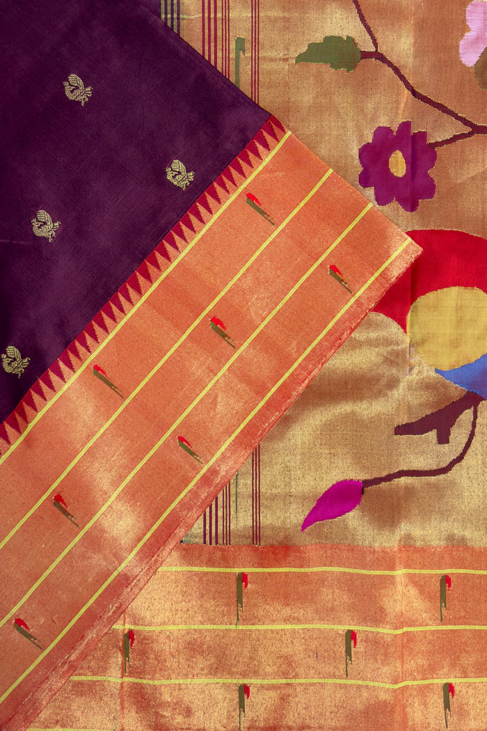 Wine Handloom Triple Paithani Muniya Paithani