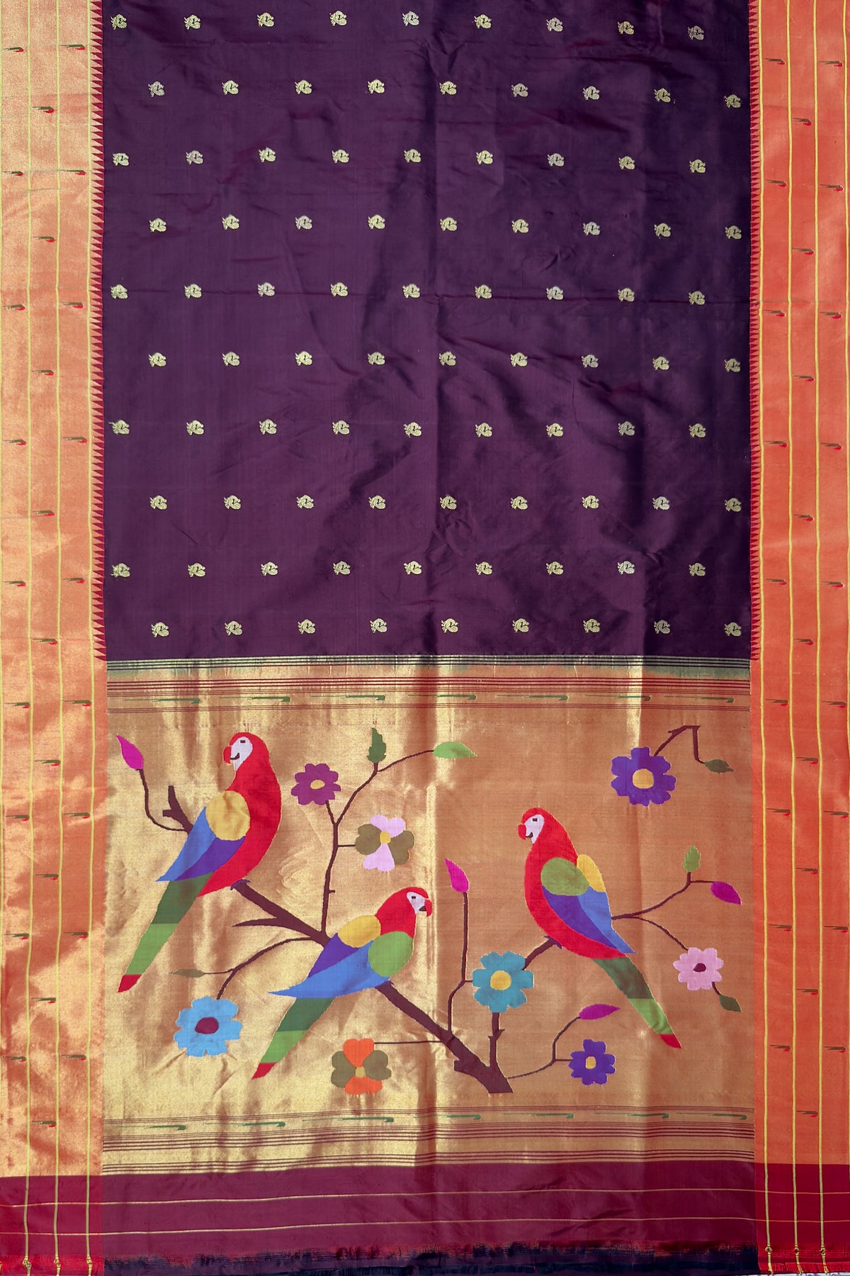 Wine Handloom Triple Paithani Muniya Paithani