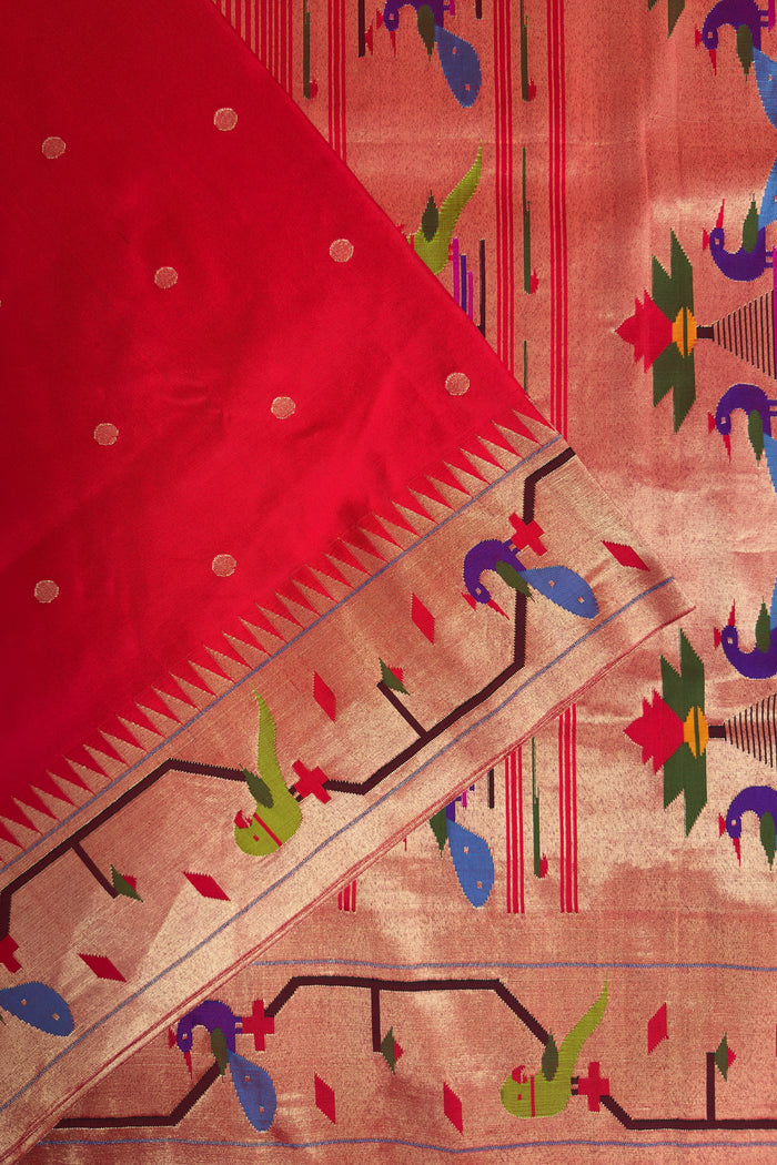 Red Handloom Brocade Peacock Border Paithani