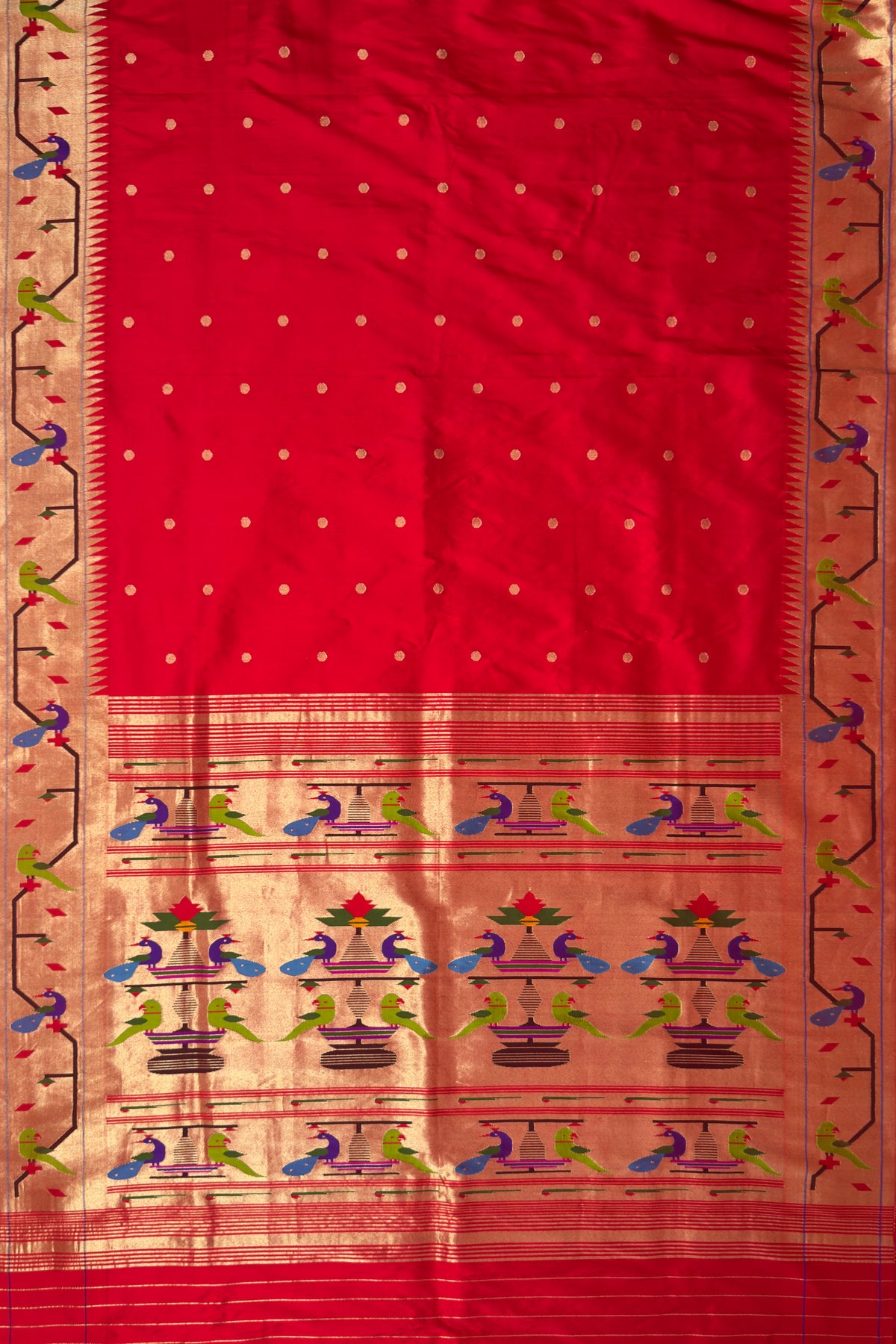 Red Handloom Brocade Peacock Border Paithani