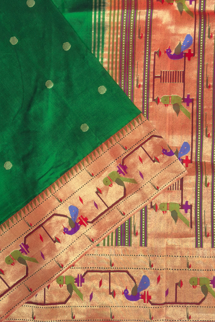 Bottle Green Handloom Brocade Peacock Border Paithani