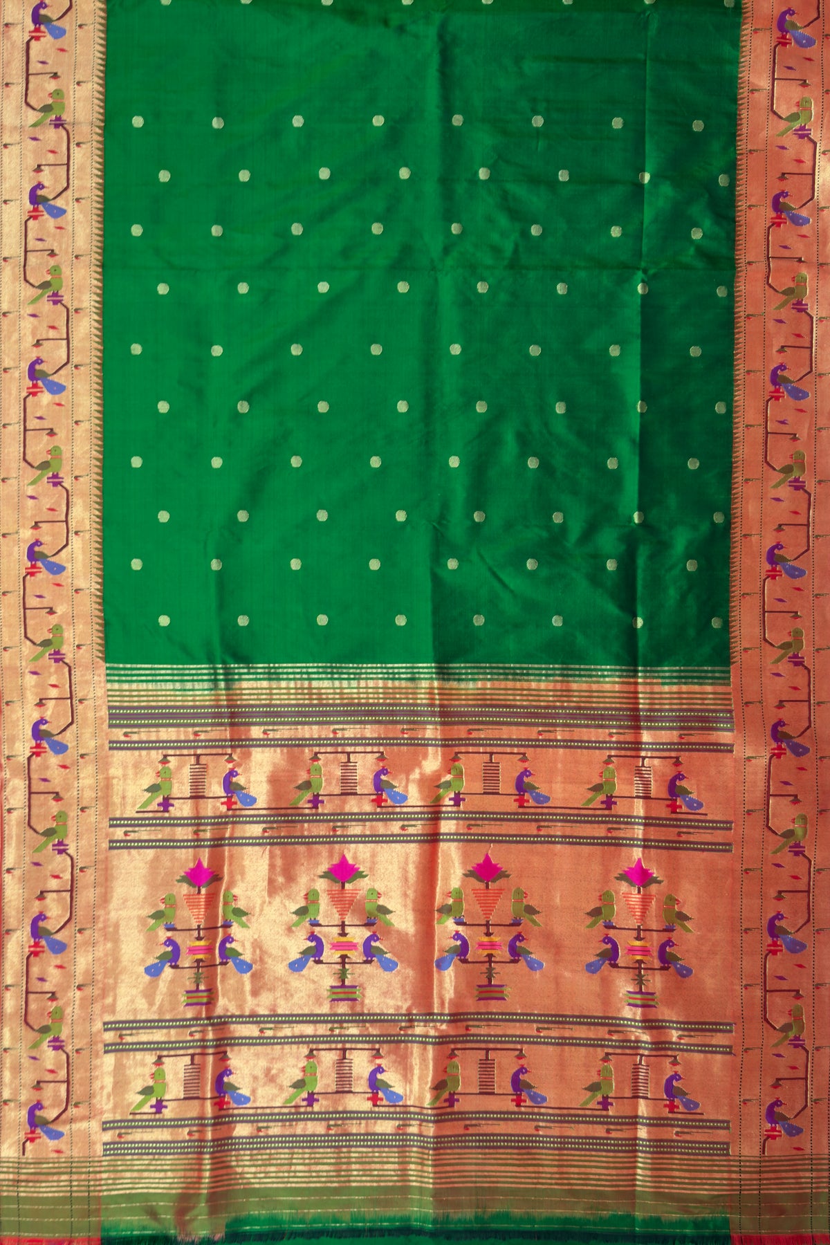 Bottle Green Handloom Brocade Peacock Border Paithani