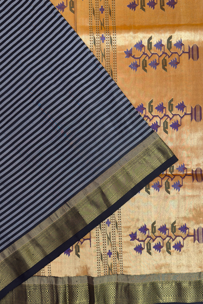 Black and white Striped Vintage Asawali Handloom Paithani