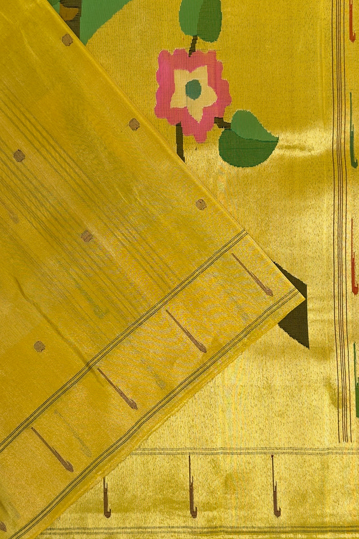 Lemon Yellow Pure Silk Handloom Tissue Paithani Saree