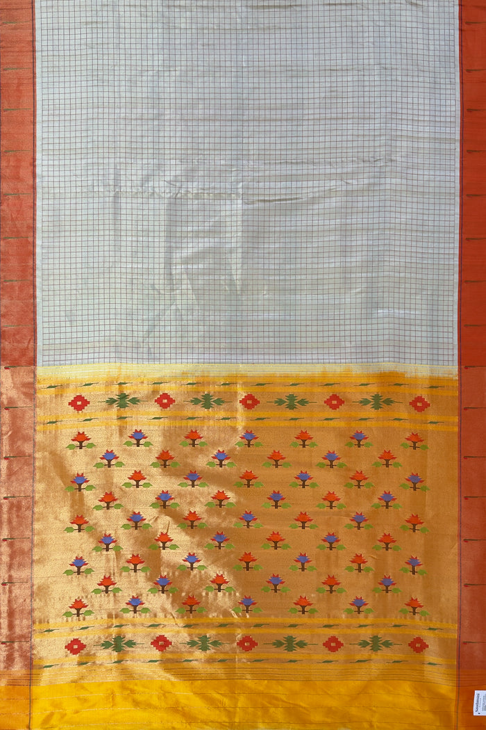 Ivory Checks Silk Handloom Tissue Paithani Saree