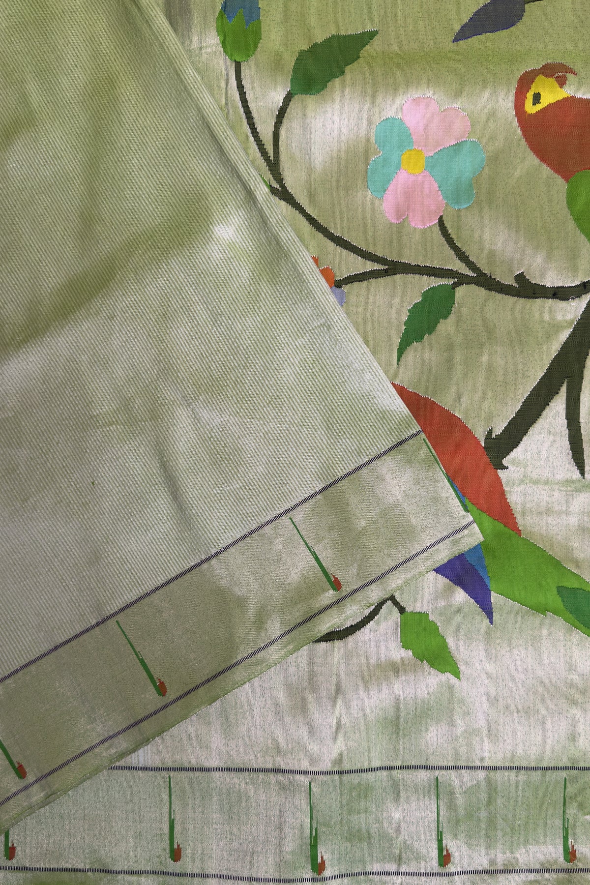 Parrot Green Pure Silk Handloom Tissue Paithani Saree with Stripes