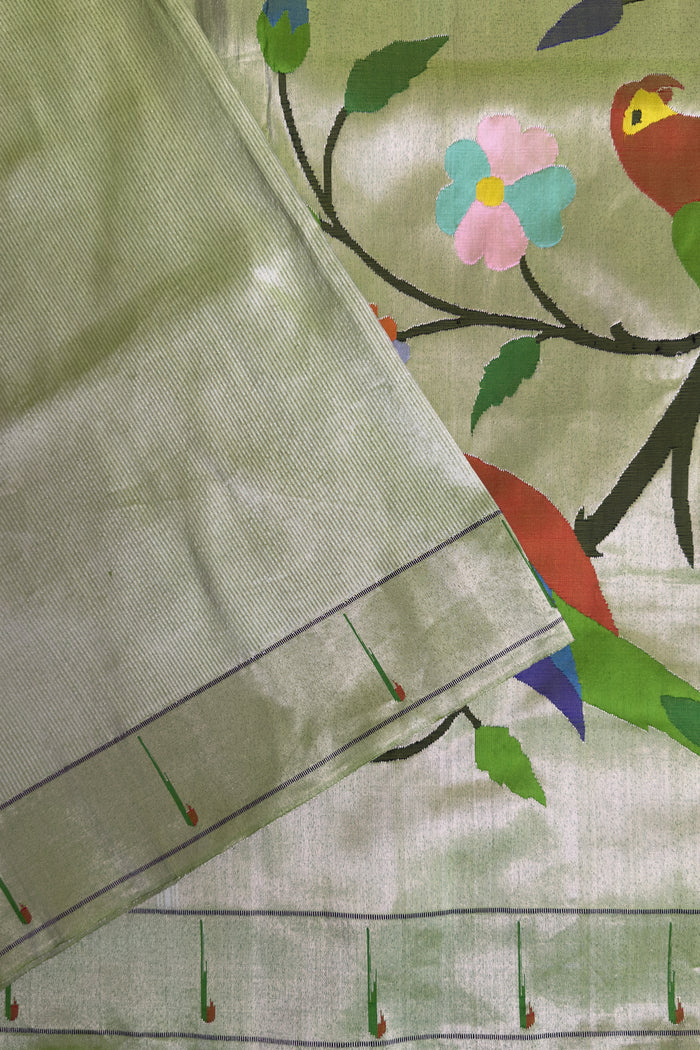 Parrot Green Pure Silk Handloom Tissue Paithani Saree with Stripes